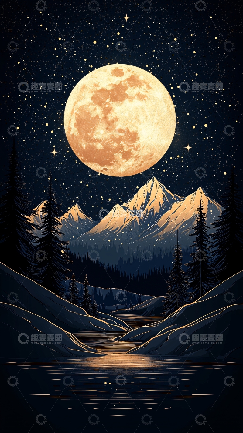 高清大图下载【趣麦麦图】月光下的雪山森林