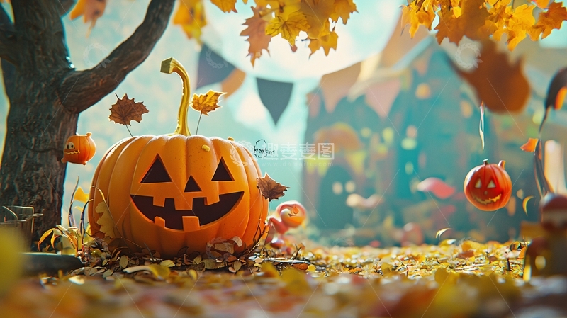 高清大图下载【趣麦麦图】万圣节南瓜与落叶场景