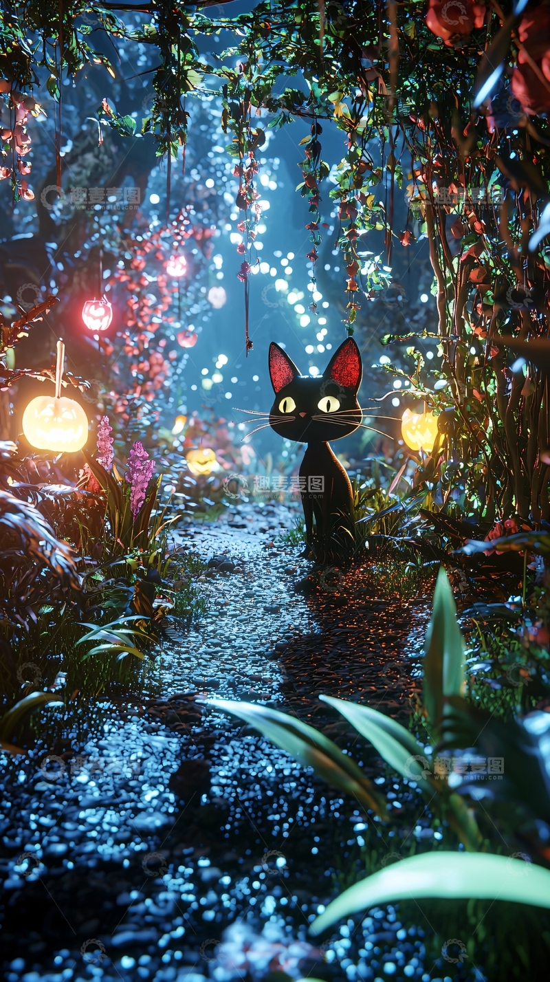 高清大图下载【趣麦麦图】黑猫森林夜景