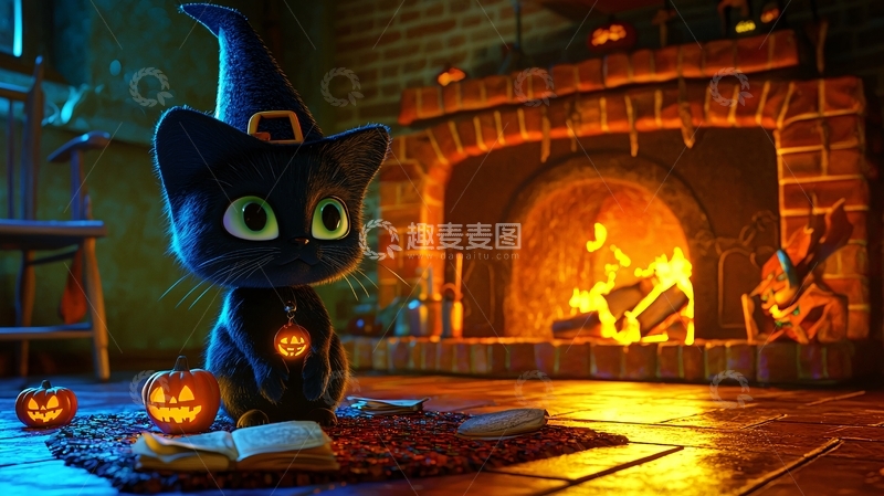 高清大图下载【趣麦麦图】万圣节黑猫与南瓜灯