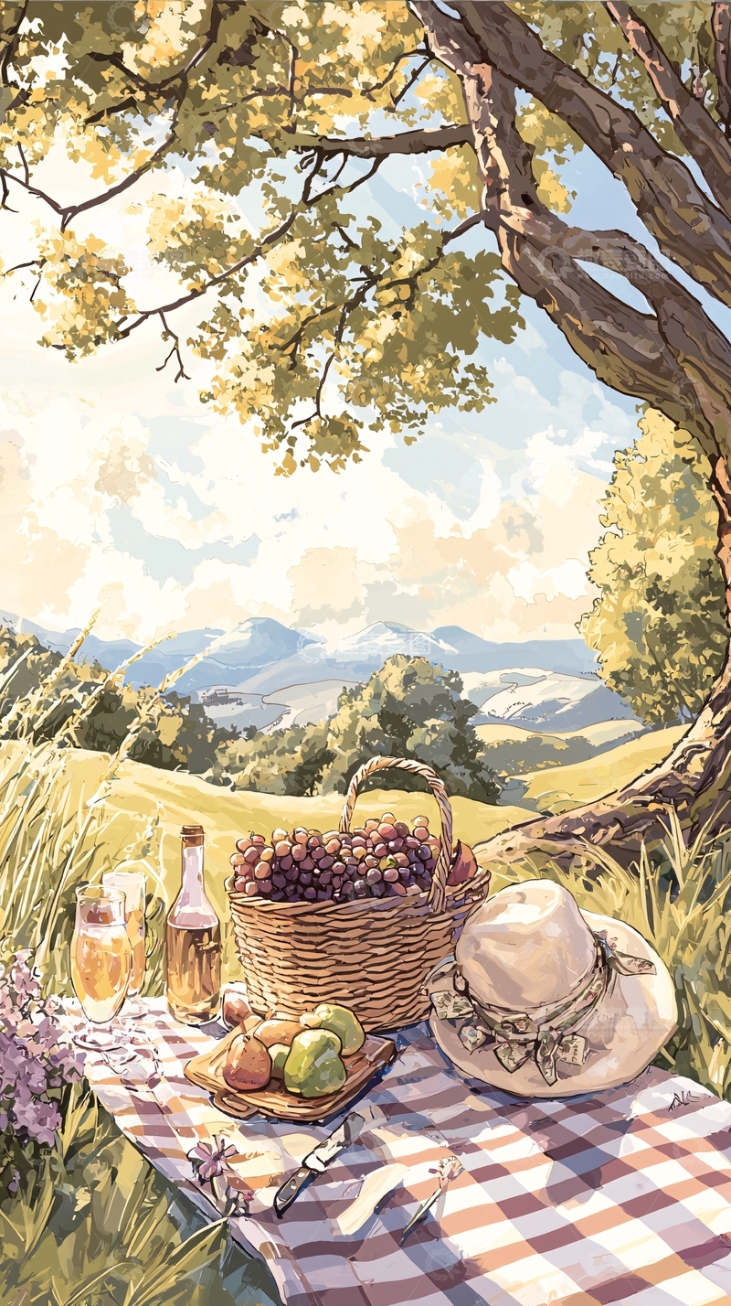 高清大图下载【趣麦麦图】秋日野餐篮子与风景