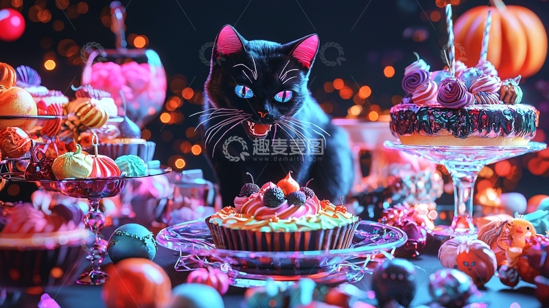 高清大图下载【趣麦麦图】万圣节黑猫与甜点