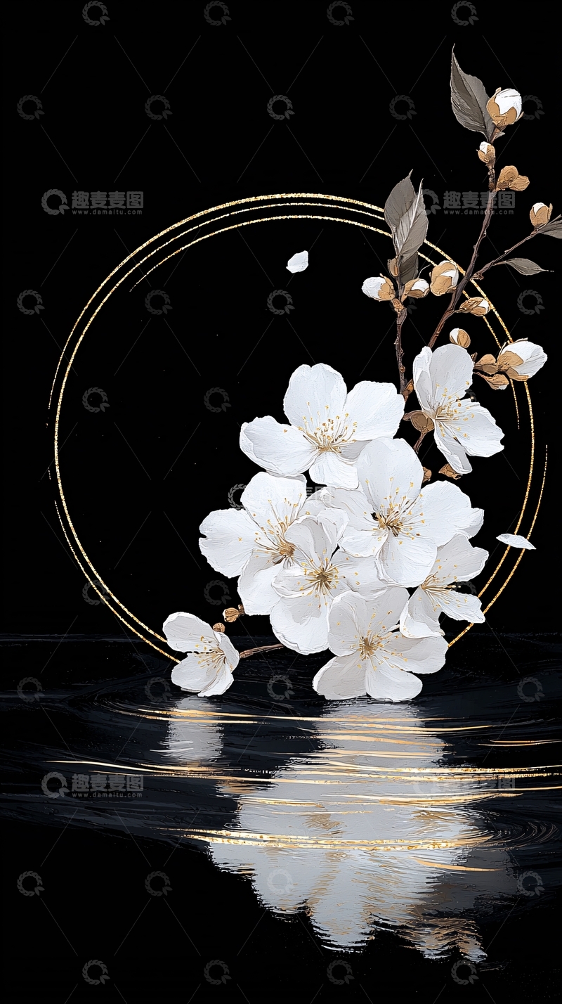 高清大图下载【趣麦麦图】白色樱花与金色圆环的艺术插画