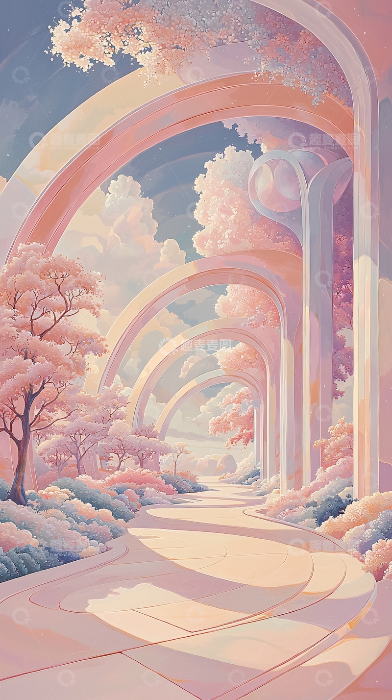 高清大图下载【趣麦麦图】梦幻拱桥与樱花树