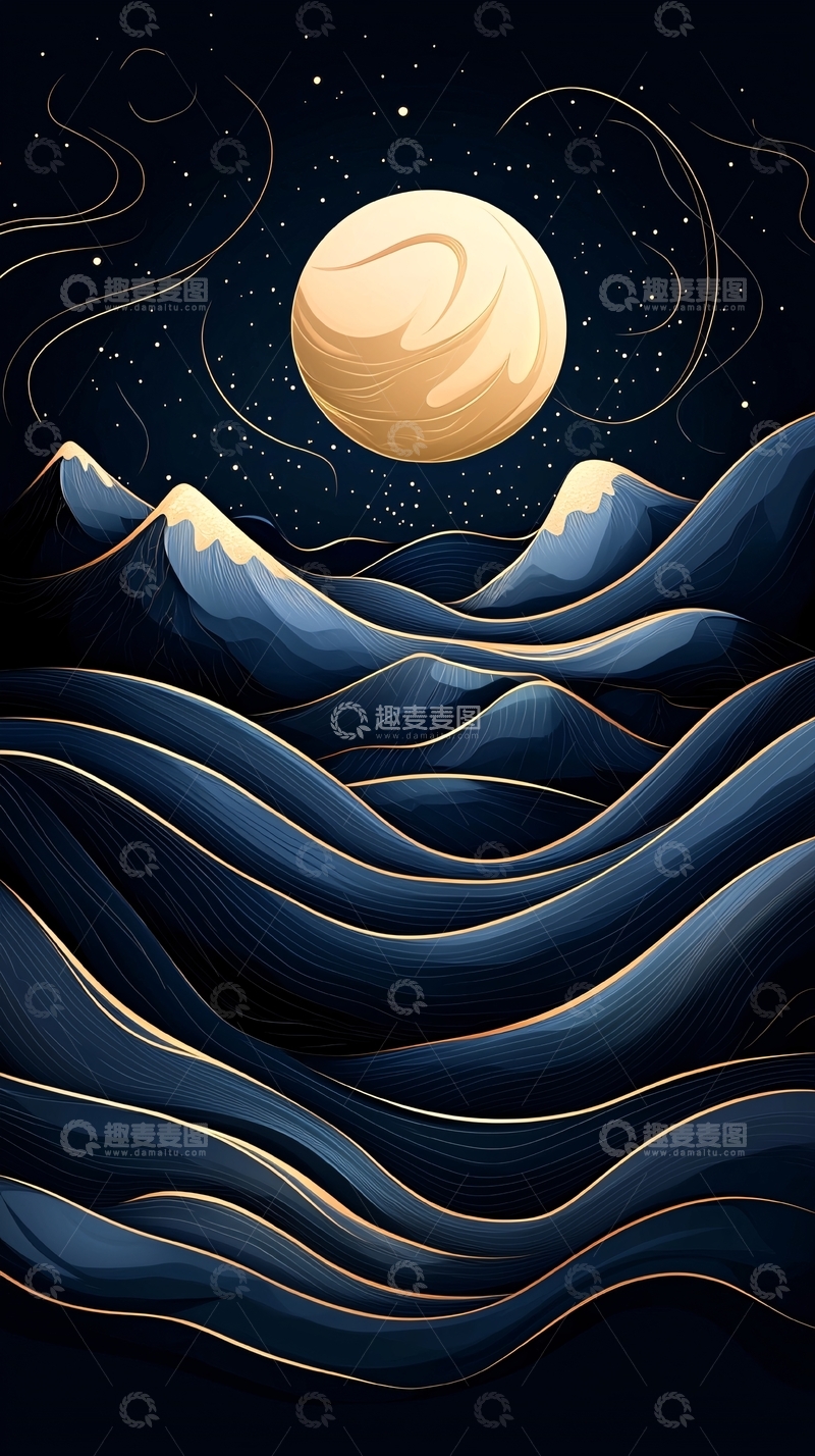 高清大图下载【趣麦麦图】夜空下的山峦与月亮