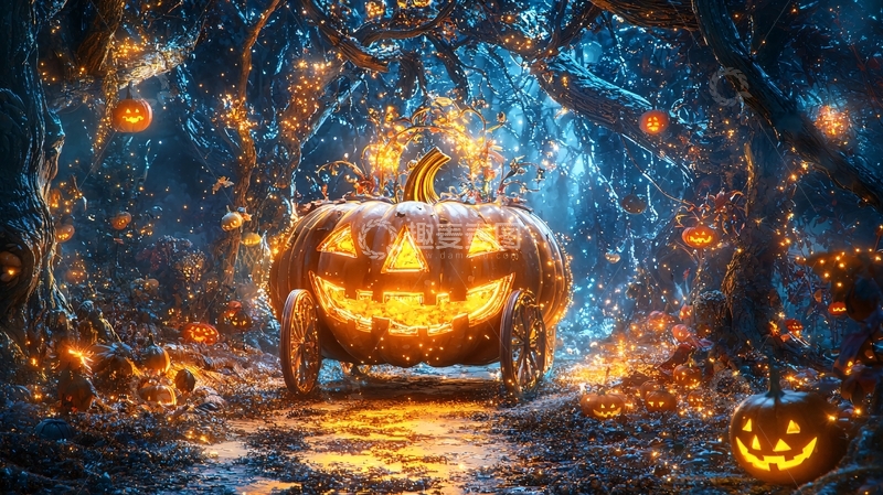 高清大图下载【趣麦麦图】万圣节南瓜车森林夜景