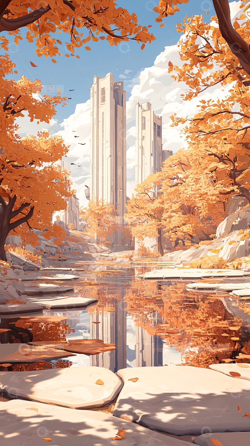 高清大图下载【趣麦麦图】秋日森林中的石桥与塔楼