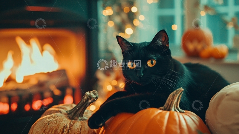 高清大图下载【趣麦麦图】黑猫与南瓜前的温馨场景