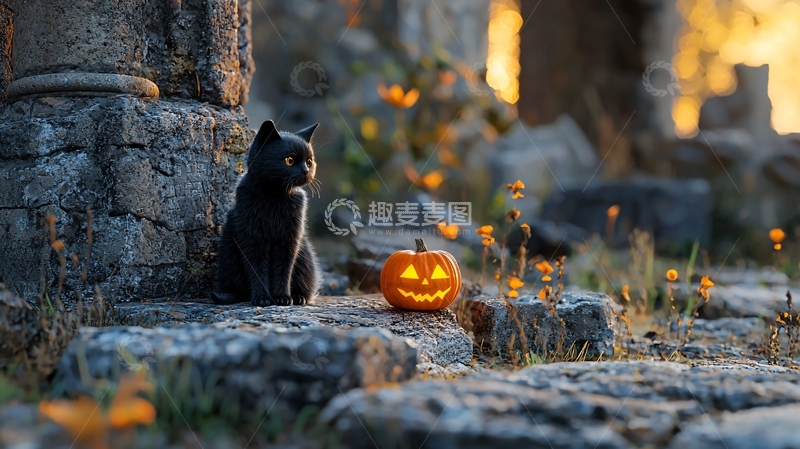 高清大图下载【趣麦麦图】黑猫与南瓜灯的神秘夜晚