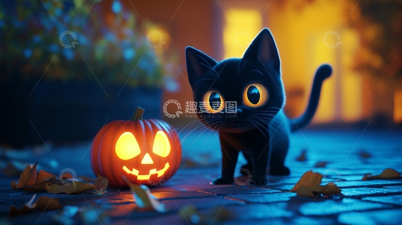 高清大图下载【趣麦麦图】万圣节黑猫与南瓜灯