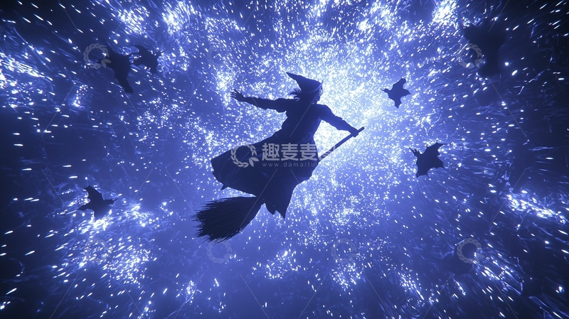 高清大图下载【趣麦麦图】夜空中的女巫飞行剪影
