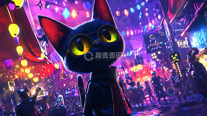 高清大图下载【趣麦麦图】夜市狂欢黑猫