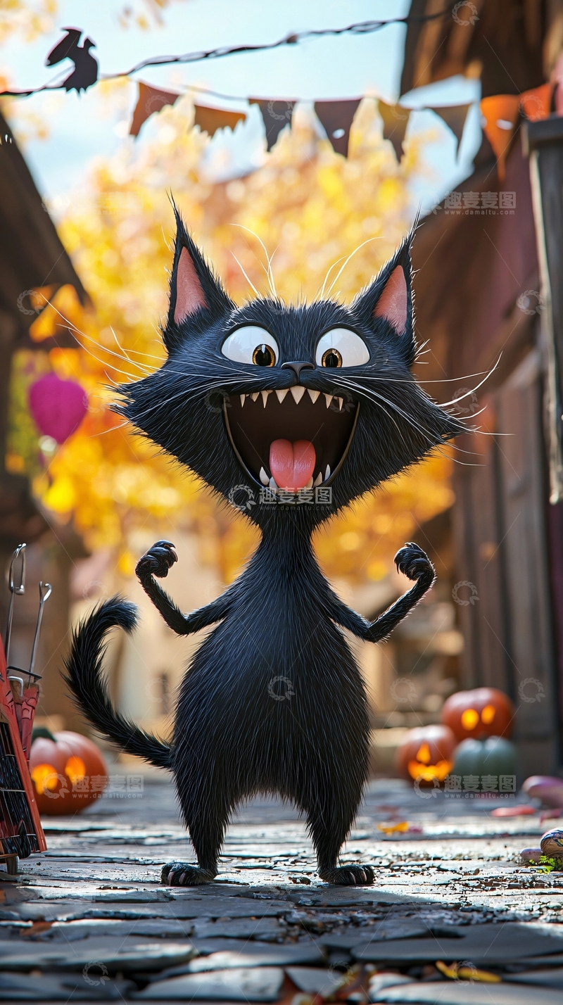 高清大图下载【趣麦麦图】万圣节黑猫街头欢乐场景