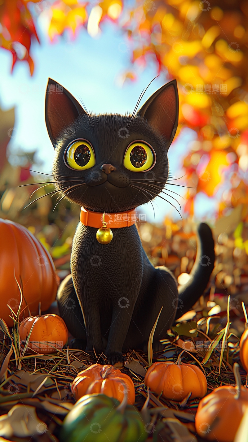 高清大图下载【趣麦麦图】秋日南瓜与黑猫