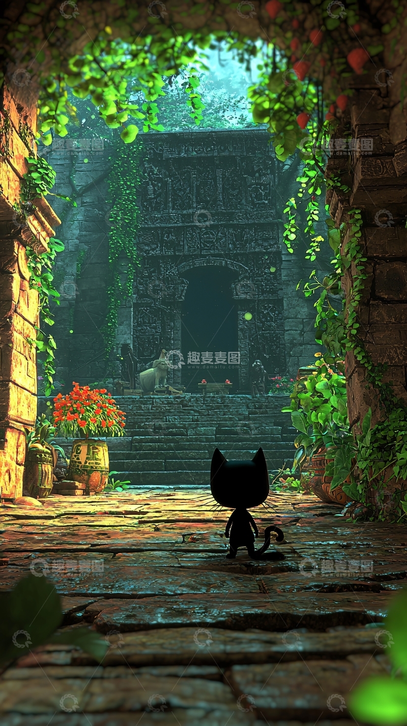 高清大图下载【趣麦麦图】黑猫探索古老遗迹