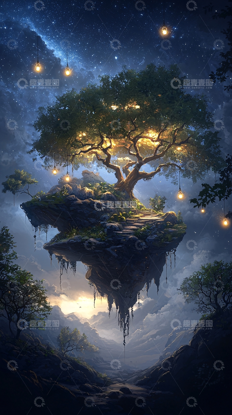 高清大图下载【趣麦麦图】漂浮岛屿上的树与灯饰