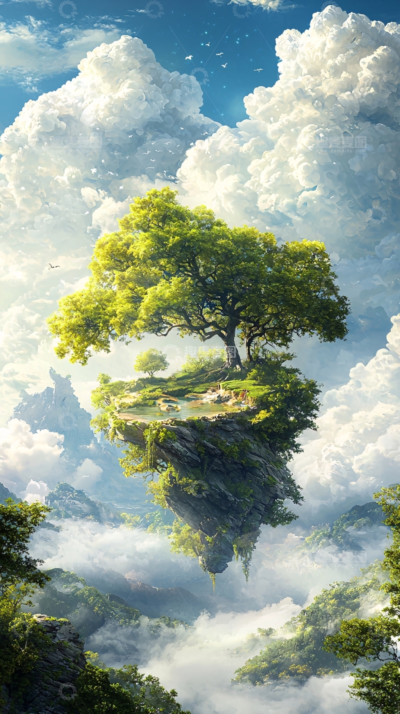 高清大图下载【趣麦麦图】漂浮岛屿上的绿树