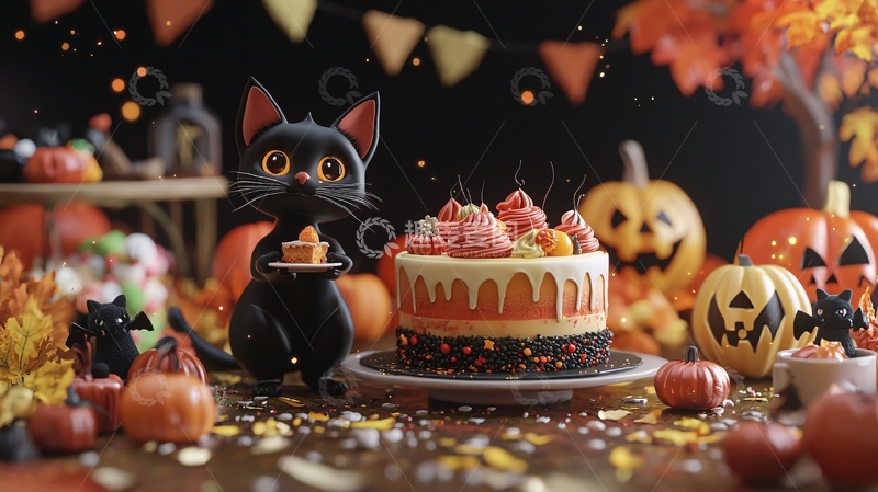 高清大图下载【趣麦麦图】万圣节主题蛋糕与黑猫装饰