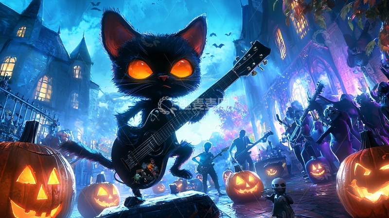高清大图下载【趣麦麦图】万圣节黑猫摇滚音乐会