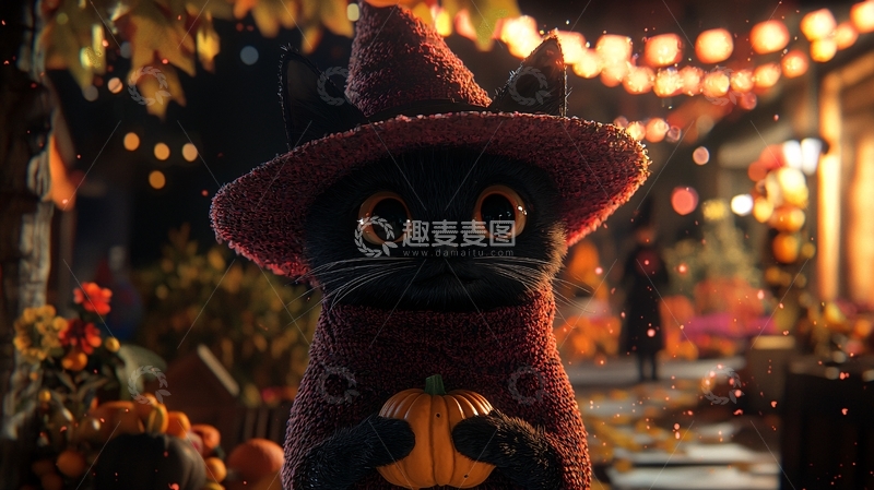 高清大图下载【趣麦麦图】万圣节黑猫南瓜灯装饰场景