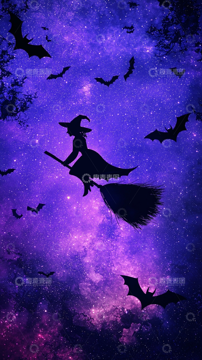 高清大图下载【趣麦麦图】夜空中的女巫与飞蝙蝠