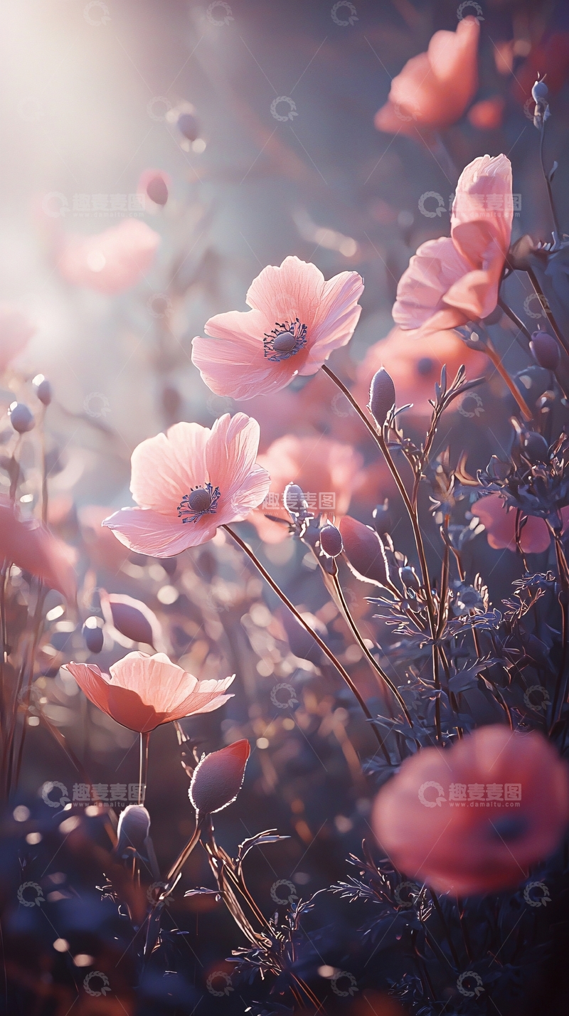 高清大图下载【趣麦麦图】粉红色花朵阳光下的田野