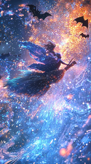 夜空中的女巫与飞舞的蝙蝠