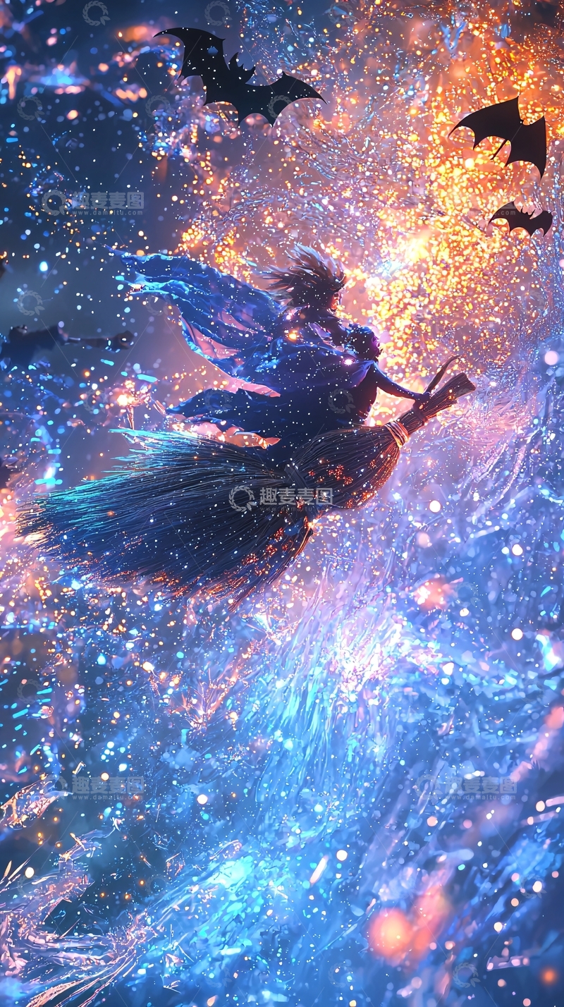 高清大图下载【趣麦麦图】夜空中的女巫与飞舞的蝙蝠