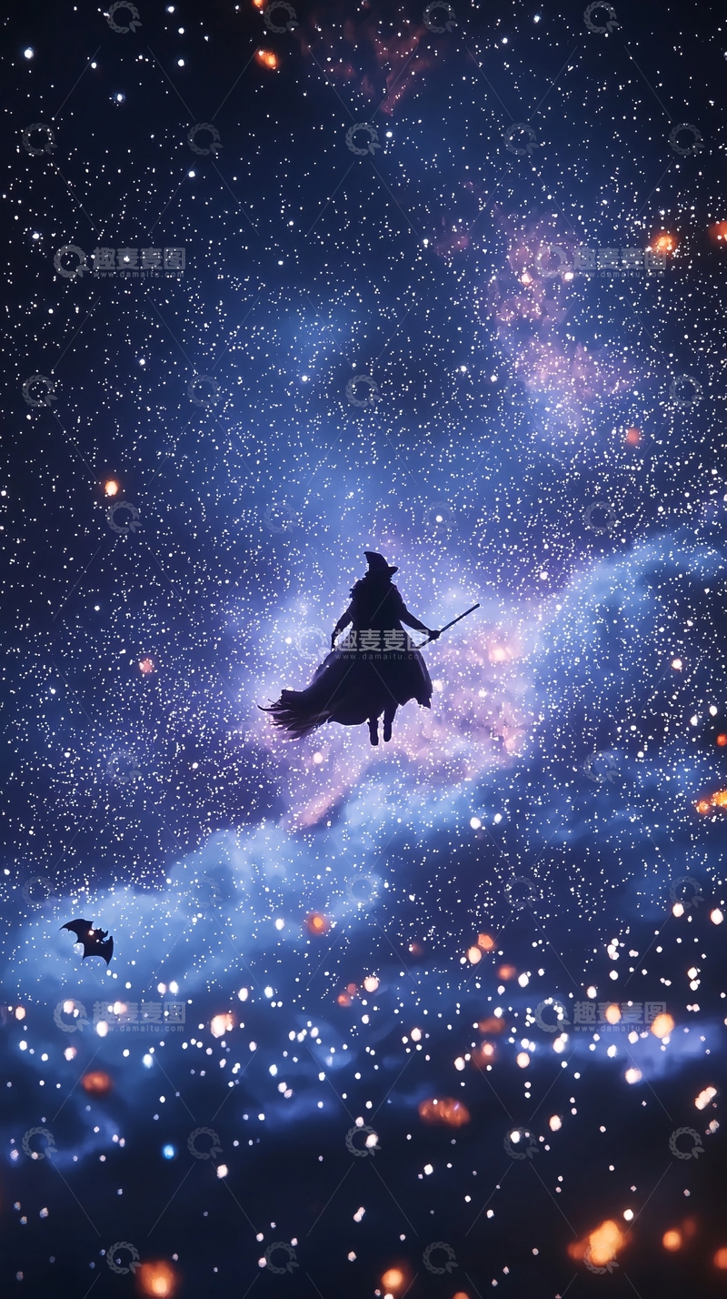 高清大图下载【趣麦麦图】夜空中的女巫飞行剪影