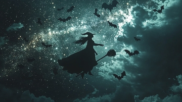 夜空中的女巫与蝙蝠