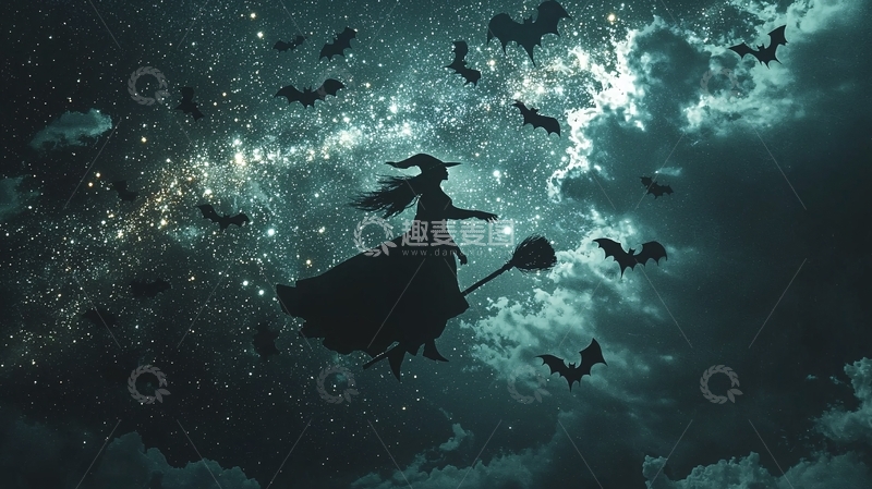 高清大图下载【趣麦麦图】夜空中的女巫与蝙蝠