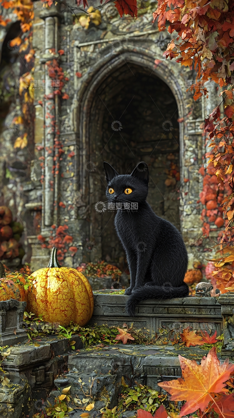 高清大图下载【趣麦麦图】秋日古堡黑猫南瓜