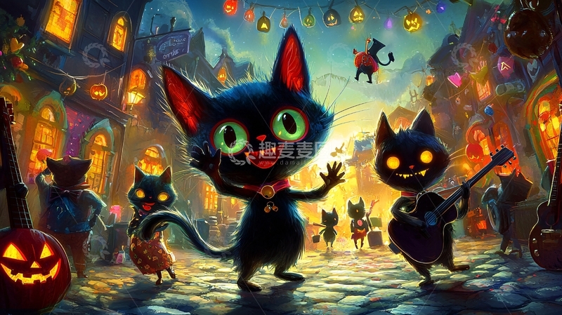 高清大图下载【趣麦麦图】万圣节夜市中的黑猫乐团