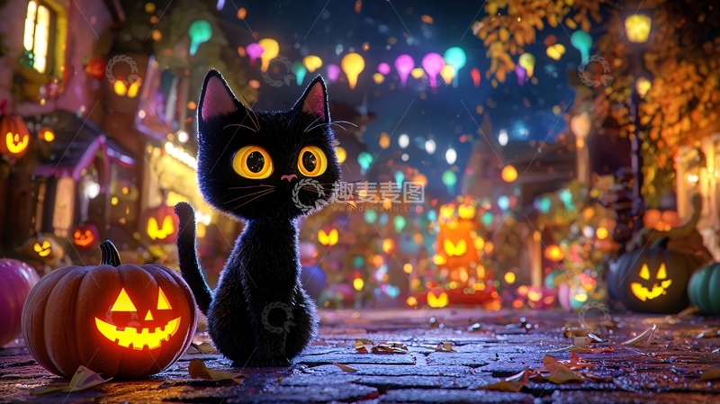 高清大图下载【趣麦麦图】万圣节黑猫与南瓜灯