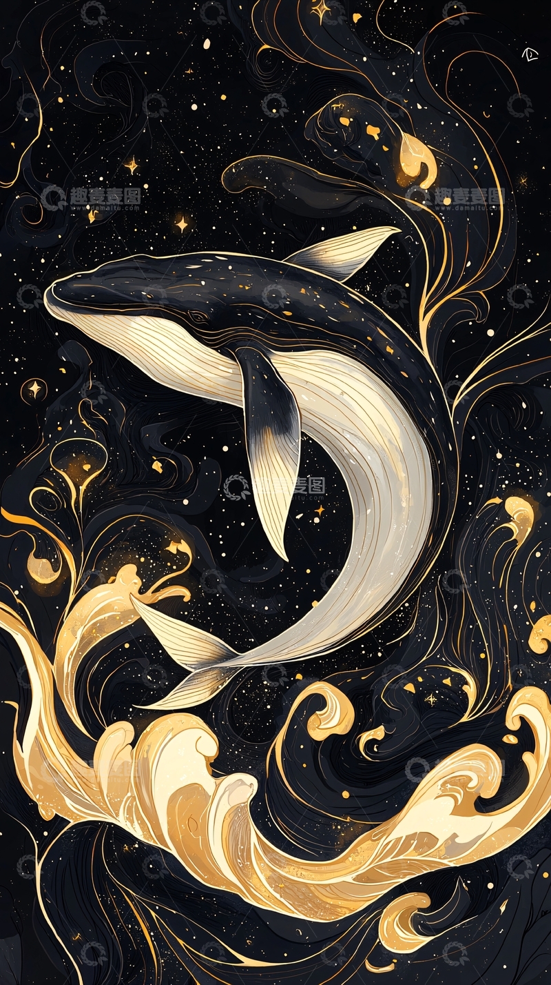 高清大图下载【趣麦麦图】梦幻鲸鱼与星空艺术插画