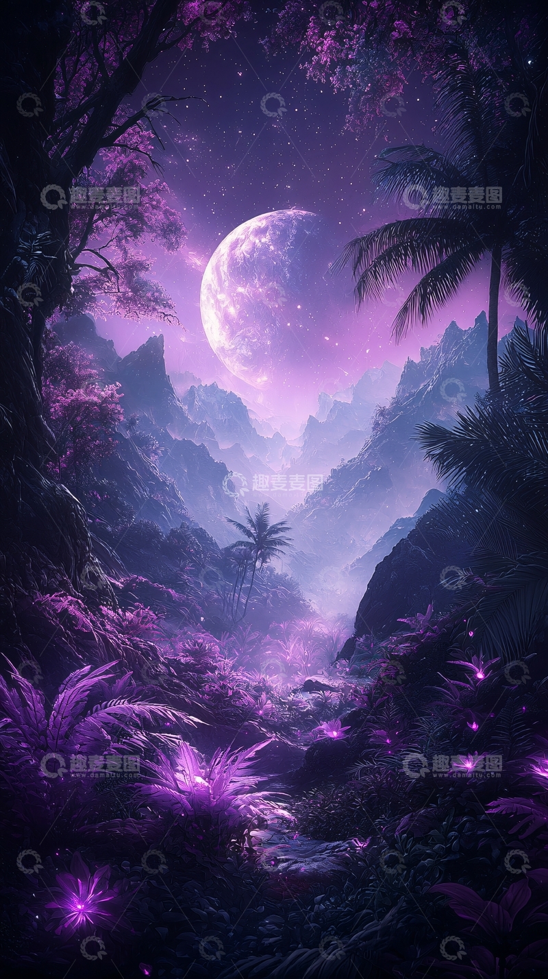 高清大图下载【趣麦麦图】梦幻紫色星球下的丛林夜景