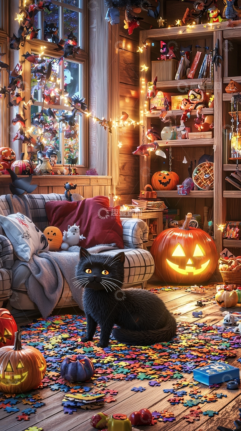 高清大图下载【趣麦麦图】万圣节主题室内装饰猫咪