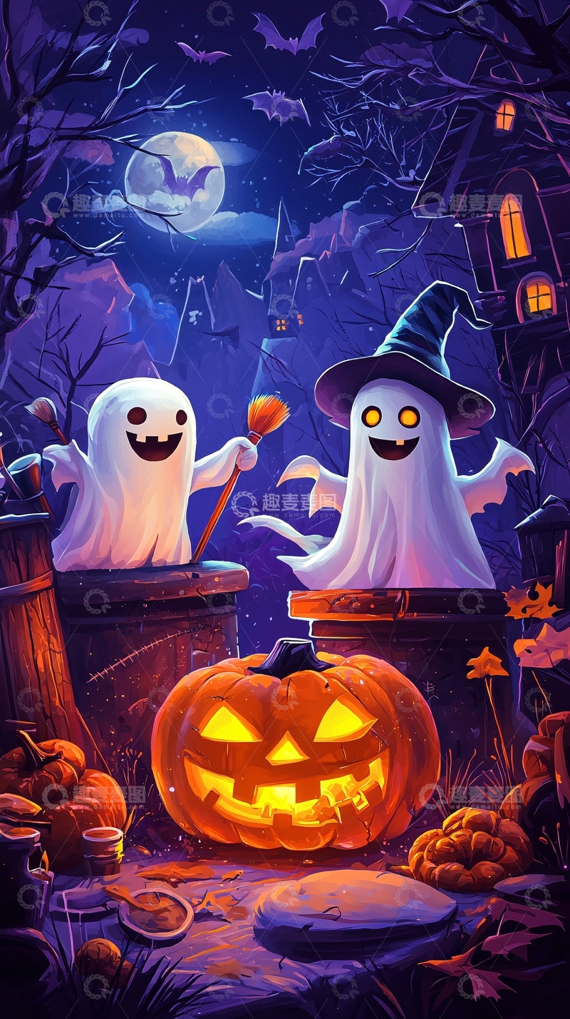 高清大图下载【趣麦麦图】万圣节鬼魂与南瓜灯