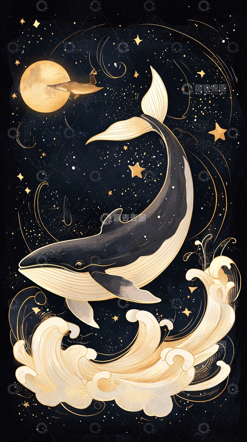 高清大图下载【趣麦麦图】夜空下的鲸鱼与星星