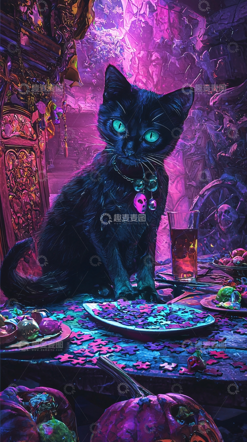 高清大图下载【趣麦麦图】万圣节黑猫与拼图的奇幻场景
