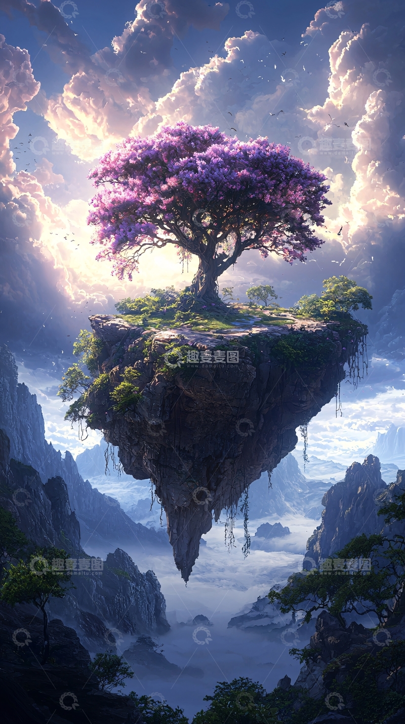 高清大图下载【趣麦麦图】漂浮岛屿上的梦幻紫树