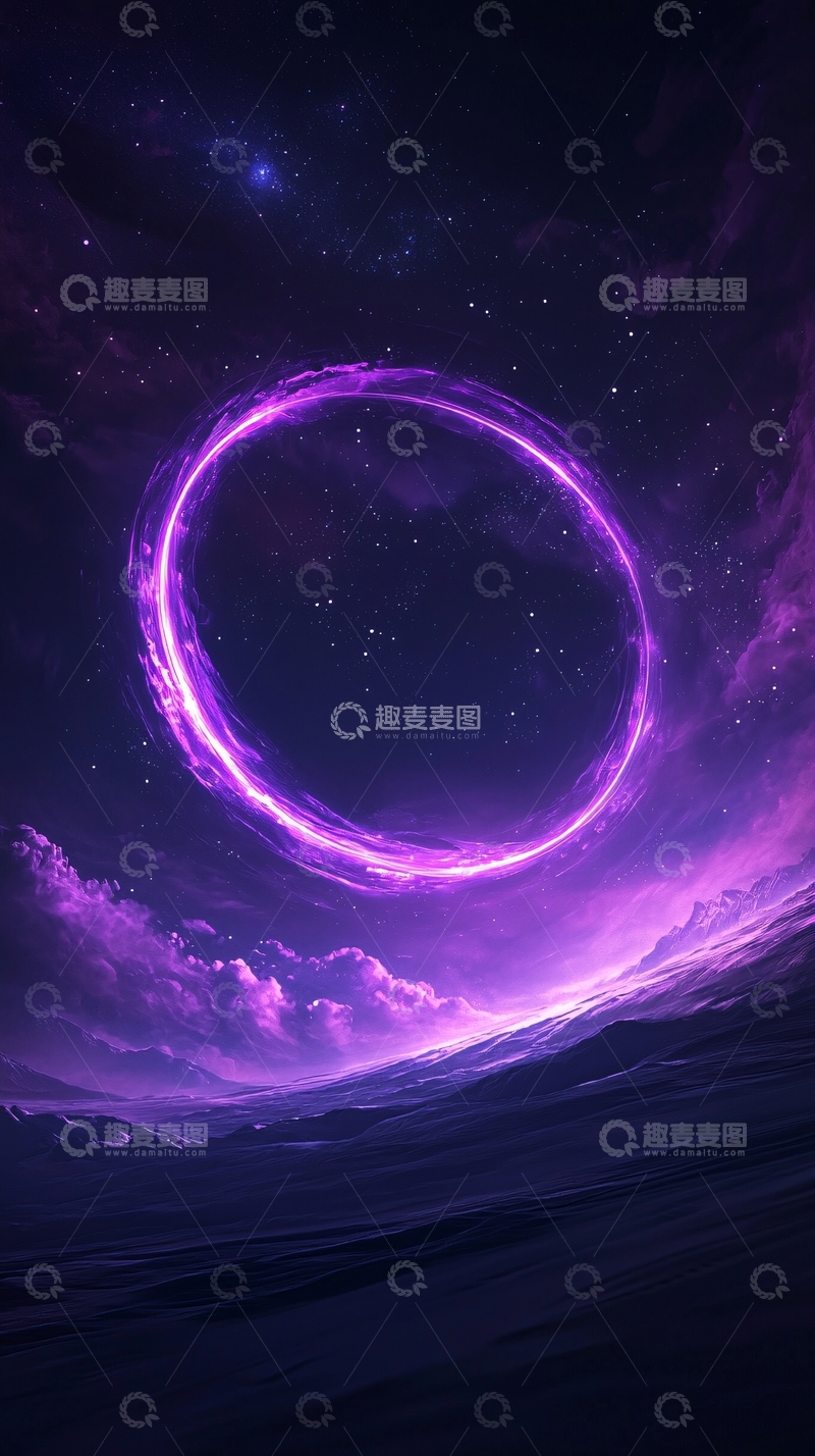 高清大图下载【趣麦麦图】紫色光环星空沙漠风景
