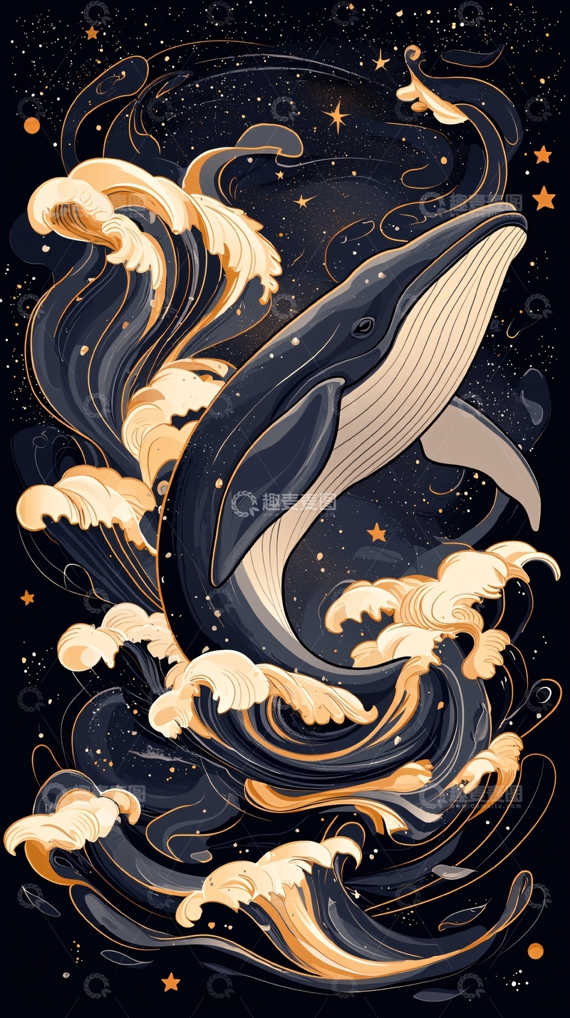高清大图下载【趣麦麦图】鲸鱼跃出海面的梦幻夜景