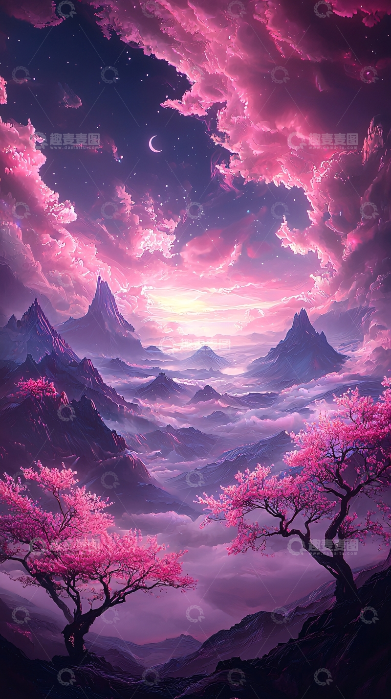 高清大图下载【趣麦麦图】梦幻山川樱花夜景