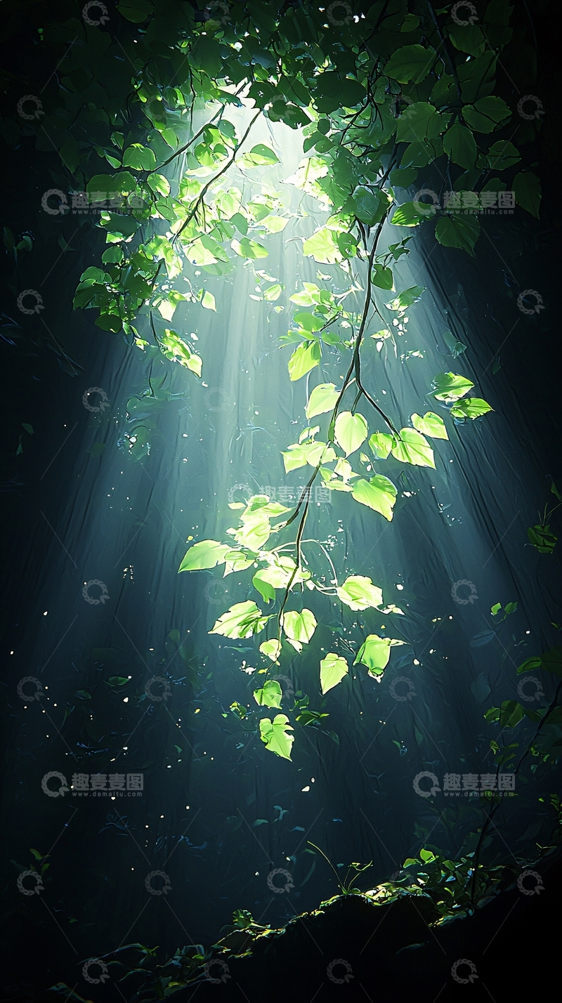高清大图下载【趣麦麦图】森林中的光束与绿叶