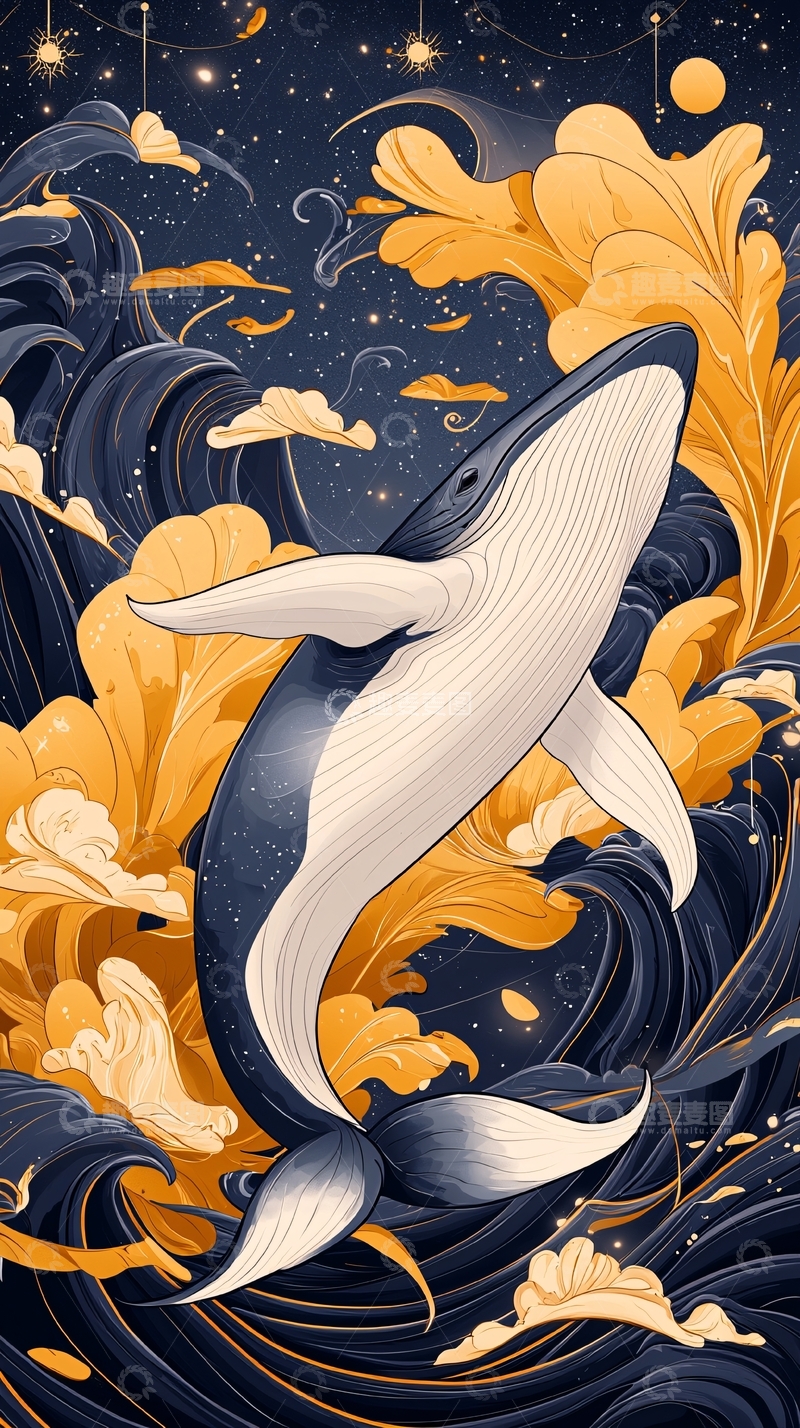高清大图下载【趣麦麦图】梦幻鲸鱼与海洋花朵