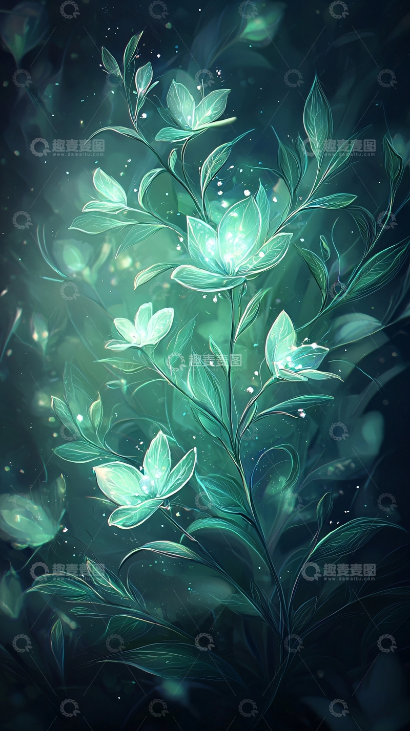高清大图下载【趣麦麦图】梦幻绿色植物光影艺术插画