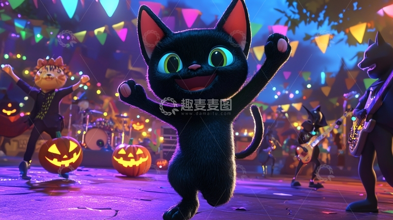 高清大图下载【趣麦麦图】万圣节派对中的黑猫
