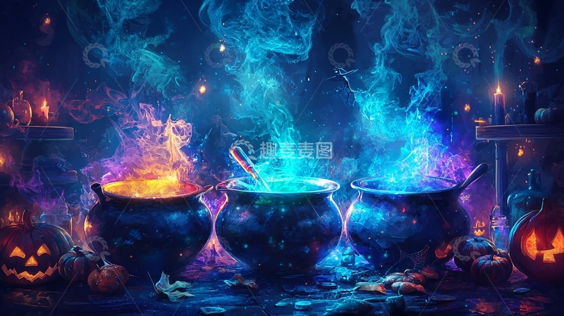 高清大图下载【趣麦麦图】万圣节魔法锅与南瓜灯