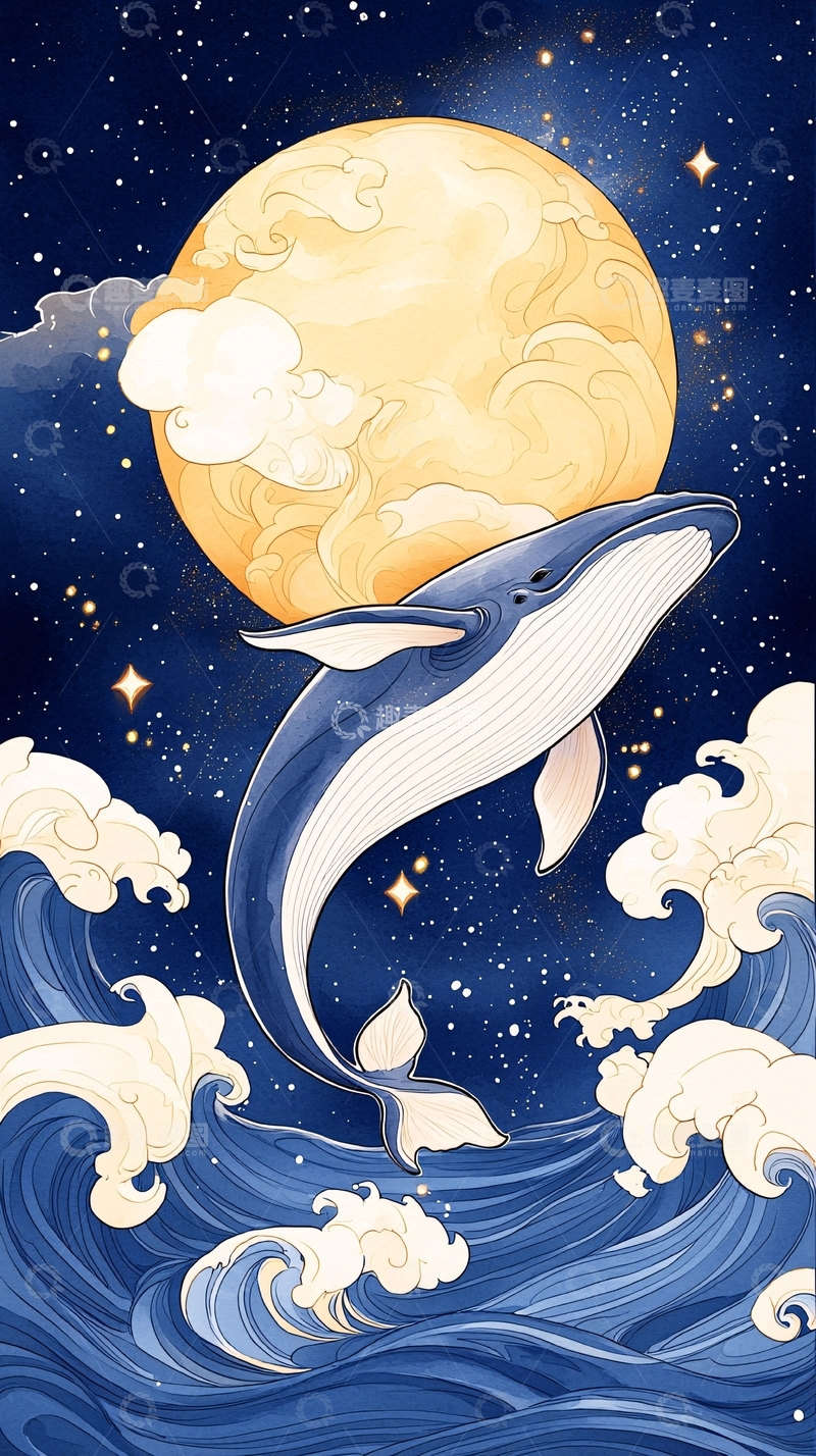 高清大图下载【趣麦麦图】夜空下的鲸鱼与月亮